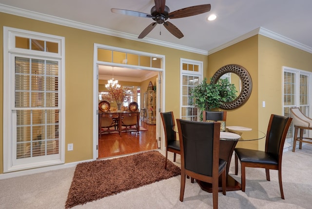 1000 Gramercy Dr, Midland, GA 31820 - dining space with light carpet, crown molding, a chandelier, ceiling fan, and recessed lighting