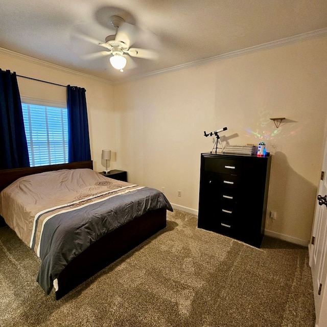 carpeted bedroom with baseboards, a ceiling fan, and crown molding