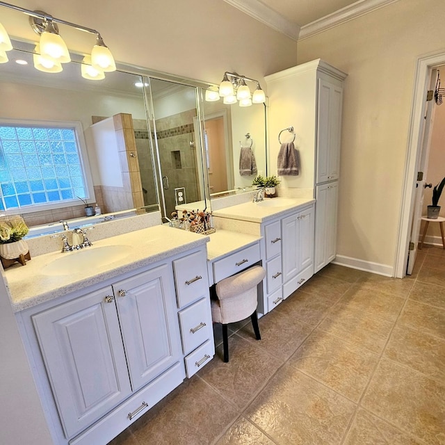 full bath featuring ornamental molding, a stall shower, tile patterned flooring, and vanity