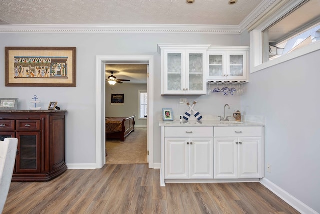 566 Longview Dr, Hamilton, GA 31811 - indoor wet bar featuring light wood finished floors, crown molding, baseboards, a textured ceiling, and ceiling fan