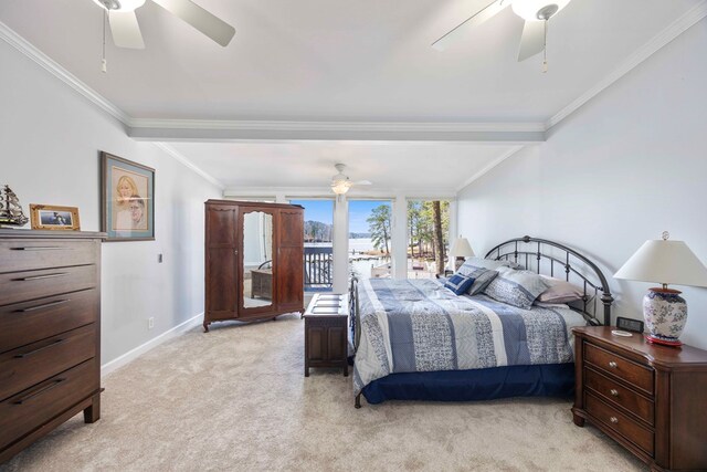 566 Longview Dr, Hamilton, GA 31811 - bedroom featuring crown molding, light carpet, baseboards, access to outside, and ceiling fan