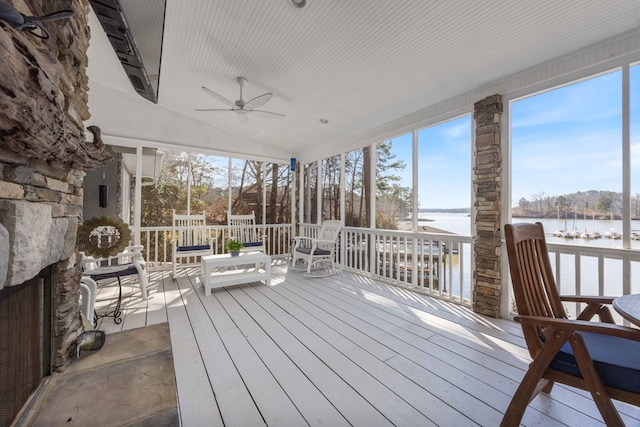 566 Longview Dr, Hamilton, GA 31811 - wooden terrace featuring a water view and ceiling fan