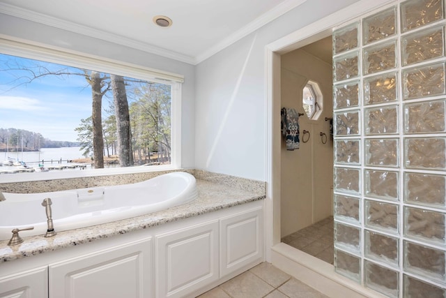 566 Longview Dr, Hamilton, GA 31811 - full bath with walk in shower, tile patterned flooring, a bath, a water view, and ornamental molding