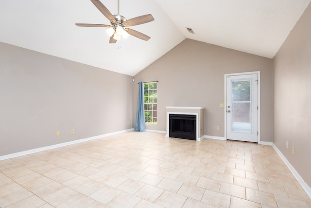 232 Mill Pond Dr, Phenix City, AL 36870 - unfurnished living room with a ceiling fan, a fireplace, baseboards, and high vaulted ceiling