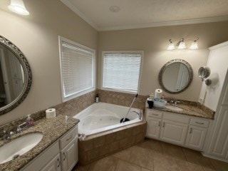 986 Timber Creek Way, Columbus, GA 31904 - full bathroom with two vanities, a bath, tile patterned flooring, and ornamental molding