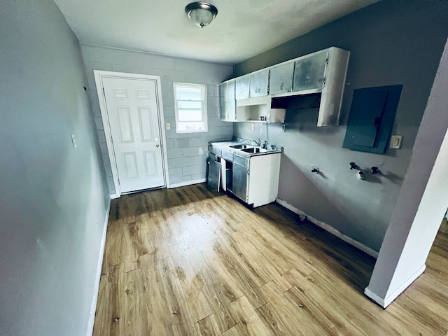 3413 Terminal Ct, Columbus, GA 31906 - kitchen with wood finished floors, electric panel, and white cabinetry