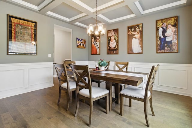 492 Mulberry Crossing Dr, Cataula, GA 31804 - dining space featuring coffered ceiling, hardwood / wood-style floors, a chandelier, beamed ceiling, and a decorative wall
