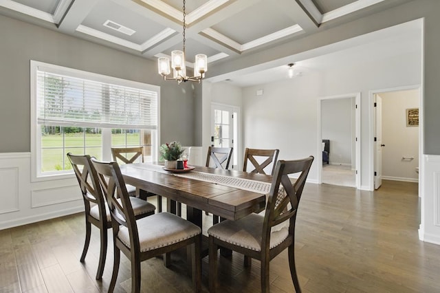 492 Mulberry Crossing Dr, Cataula, GA 31804 - dining space with coffered ceiling, a chandelier, beam ceiling, wood finished floors, and wainscoting