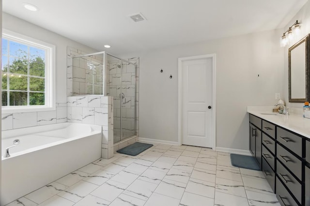 492 Mulberry Crossing Dr, Cataula, GA 31804 - full bathroom with a garden tub, double vanity, a shower stall, marble look tile flooring, and recessed lighting
