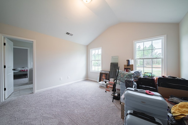 492 Mulberry Crossing Dr, Cataula, GA 31804 - home office with lofted ceiling, light colored carpet, and baseboards