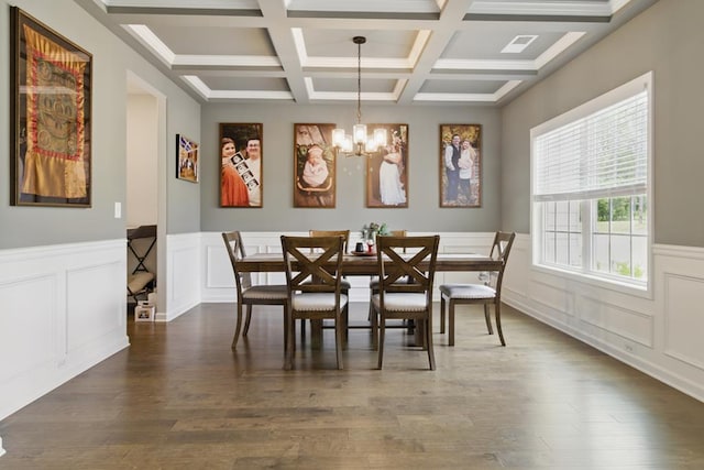 492 Mulberry Crossing Dr, Cataula, GA 31804 - dining area with a chandelier, beamed ceiling, coffered ceiling, wood finished floors, and a decorative wall