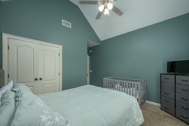 7036 Imperial Way, Columbus, GA 31904 - carpeted bedroom featuring high vaulted ceiling, a closet, and ceiling fan