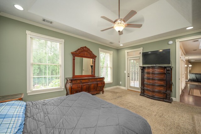 7036 Imperial Way, Columbus, GA 31904 - carpeted bedroom featuring crown molding, access to exterior, ceiling fan, recessed lighting, and a raised ceiling