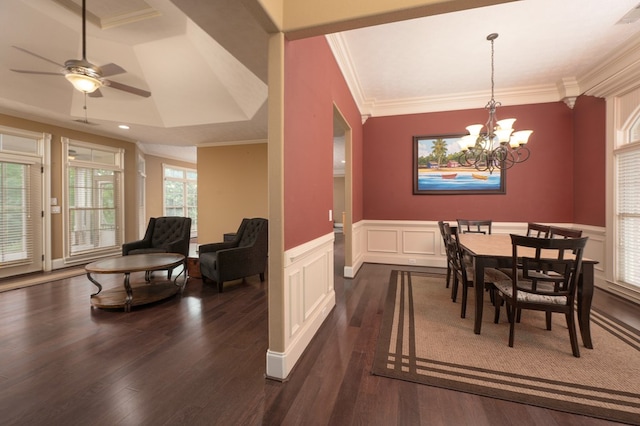7036 Imperial Way, Columbus, GA 31904 - dining room with ornamental molding, dark wood-style flooring, ceiling fan, a chandelier, and a wainscoted wall
