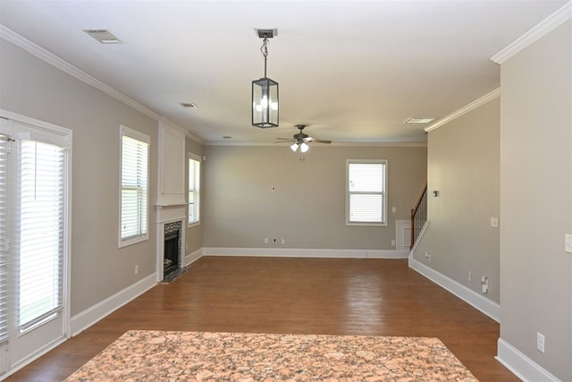 4447 Walking Stick Way, Columbus, GA 31907 - unfurnished living room with a ceiling fan, dark wood-type flooring, a high end fireplace, stairway, and crown molding