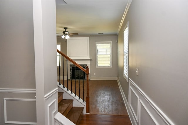 4447 Walking Stick Way, Columbus, GA 31907 - stairway featuring wood finished floors, ceiling fan, crown molding, a decorative wall, and a fireplace