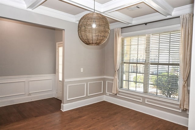 4447 Walking Stick Way, Columbus, GA 31907 - unfurnished dining area featuring beam ceiling, dark wood finished floors, coffered ceiling, wainscoting, and ornamental molding