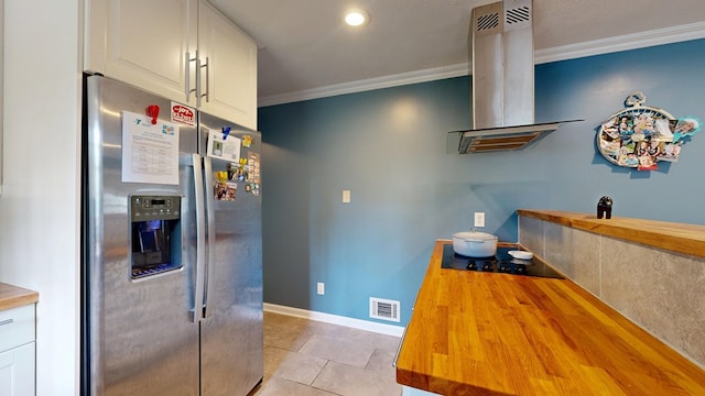 4042 Lyn Dr, Columbus, GA 31909 - kitchen featuring stainless steel refrigerator with ice dispenser, butcher block counters, black electric stovetop, crown molding, and exhaust hood