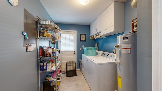 4042 Lyn Dr, Columbus, GA 31909 - laundry room featuring electric water heater, washer and dryer, cabinet space, and light tile patterned floors