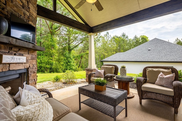 view of patio / terrace featuring outdoor lounge area, a ceiling fan, and a gazebo