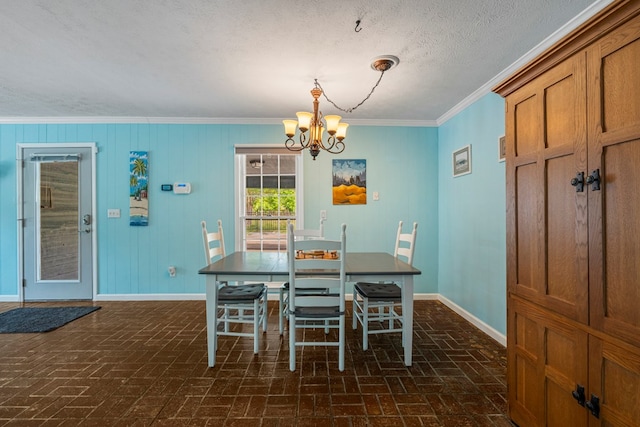 3264 Columbus Hwy, Box Springs, GA 31801 - dining area with brick patterned floors, baseboards, a chandelier, and crown molding