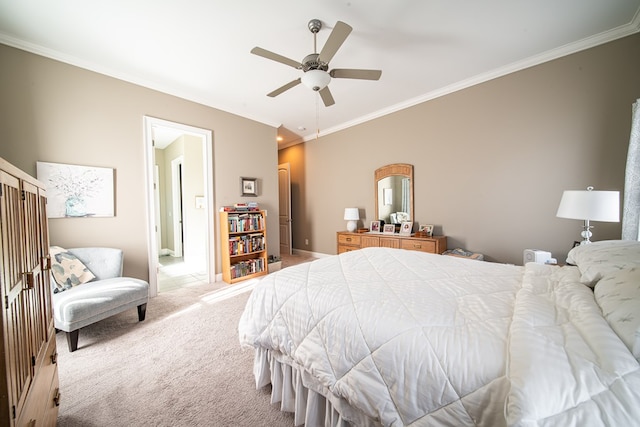 bedroom with ceiling fan, light colored carpet, and crown molding