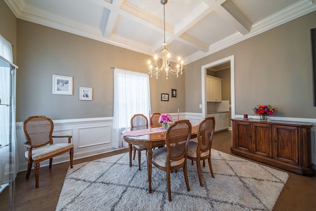 dining room featuring hardwood / wood-style flooring, beam ceiling, coffered ceiling, and a notable chandelier