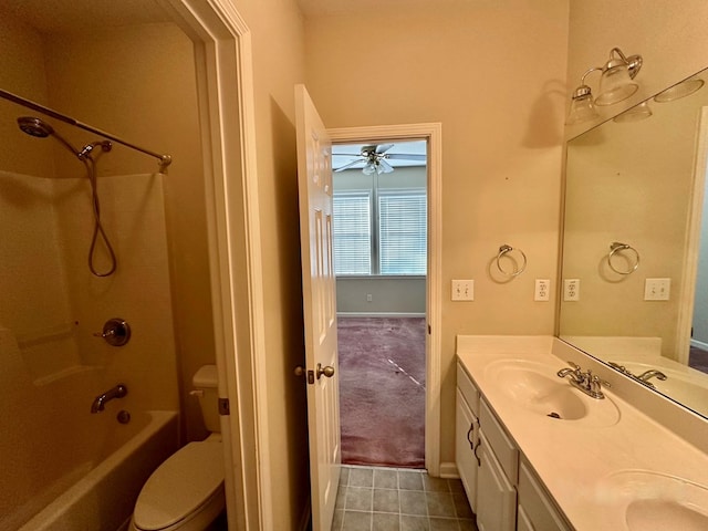 full bathroom with vanity, ceiling fan, shower / tub combination, tile patterned flooring, and toilet