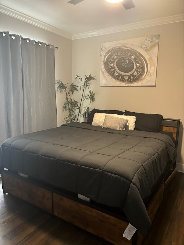 bedroom featuring ceiling fan, ornamental molding, and dark wood-type flooring