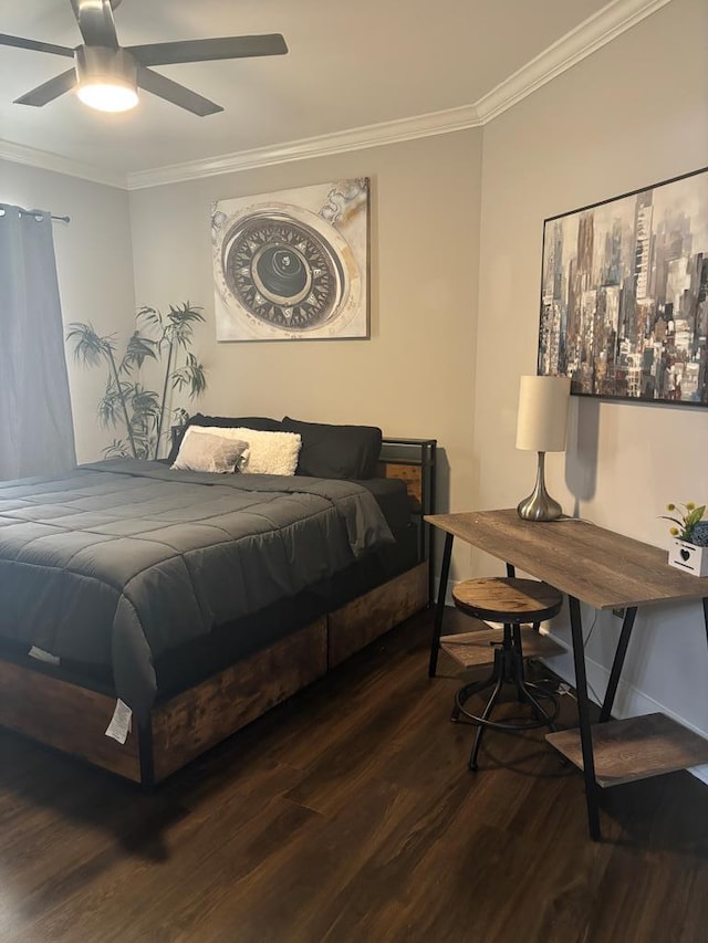 bedroom featuring ceiling fan, dark wood-type flooring, and ornamental molding