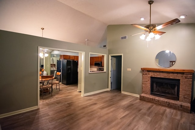 4200 Bridgecrest Dr Unit E4, Phenix City, AL 36867 - living room with ceiling fan, wood finished floors, a fireplace, baseboards, and high vaulted ceiling