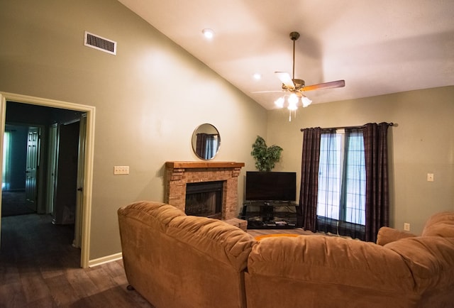 4200 Bridgecrest Dr Unit E4, Phenix City, AL 36867 - living area with lofted ceiling, a ceiling fan, dark wood-style flooring, a fireplace, and baseboards