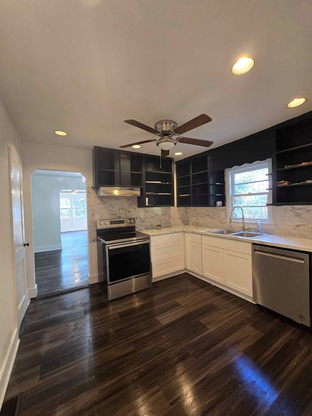 2514 Avalon Rd, Columbus, GA 31907 - kitchen with open shelves, stainless steel appliances, under cabinet range hood, backsplash, and recessed lighting