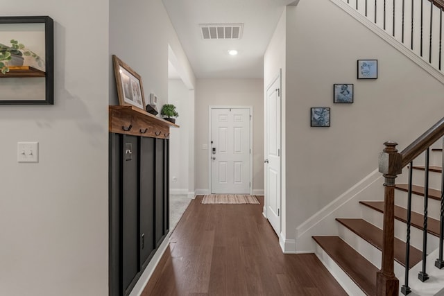 10 Red Maple St, Phenix City, AL 36869 - hall with stairway, dark wood-style floors, and recessed lighting