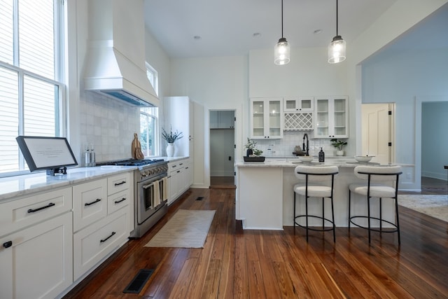 kitchen with custom exhaust hood, white cabinets, high end stove, a healthy amount of sunlight, and dark hardwood / wood-style flooring