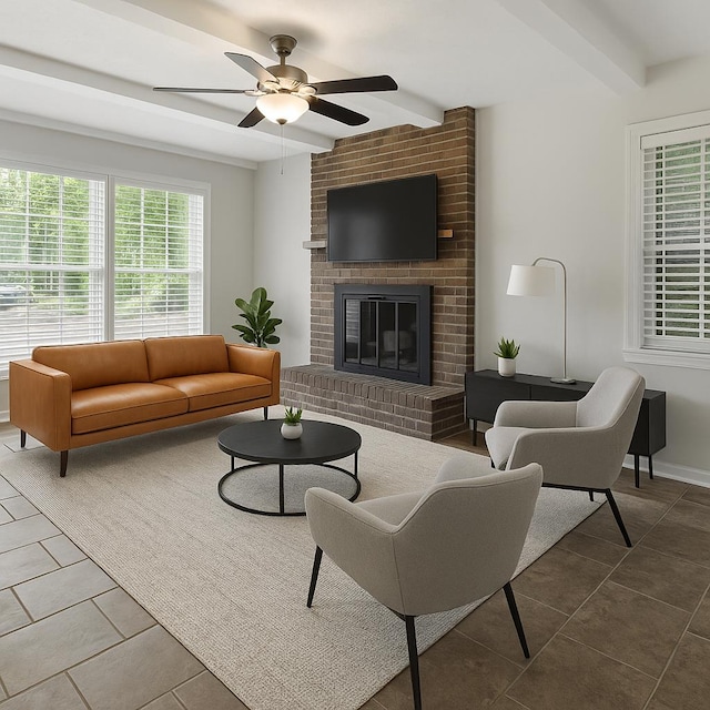 813 Wright Dr, Columbus, GA 31907 - living room featuring beamed ceiling, tile patterned floors, ceiling fan, and a brick fireplace