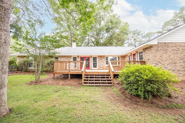 6909 Trapper Way, Midland, GA 31820 - back of property with brick siding, a chimney, a yard, and a wooden deck
