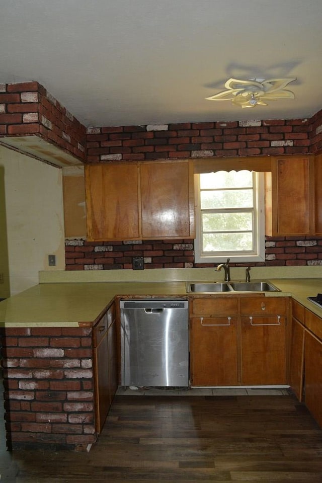 5137 Burbank St, Columbus, GA 31907 - kitchen with dishwasher, ceiling fan, dark wood-style floors, light countertops, and brown cabinets