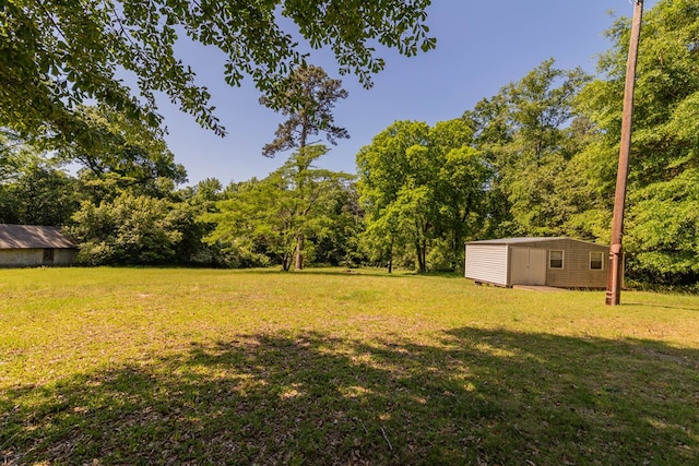 view of yard with an outbuilding and a shed