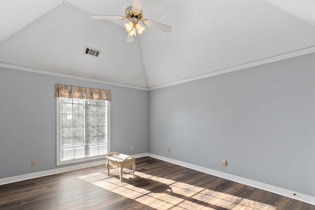 unfurnished room featuring ceiling fan, crown molding, high vaulted ceiling, and dark hardwood / wood-style floors