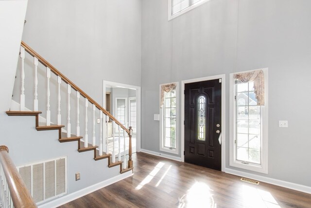 entryway featuring wood-type flooring and a high ceiling