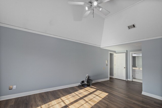 unfurnished room featuring ceiling fan, dark hardwood / wood-style flooring, and crown molding