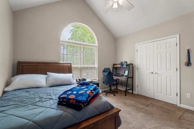 485 Boyd Branch Dr, Upatoi, GA 31829 - bedroom featuring carpet flooring, lofted ceiling, a closet, a ceiling fan, and baseboards