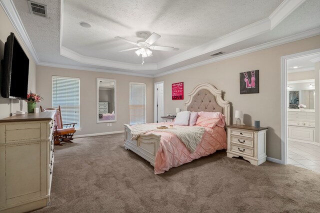 485 Boyd Branch Dr, Upatoi, GA 31829 - bedroom with a raised ceiling, carpet flooring, crown molding, a textured ceiling, and baseboards
