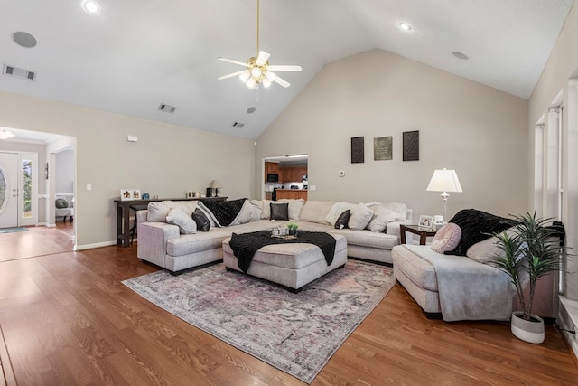 485 Boyd Branch Dr, Upatoi, GA 31829 - living area with a ceiling fan, wood finished floors, high vaulted ceiling, recessed lighting, and baseboards