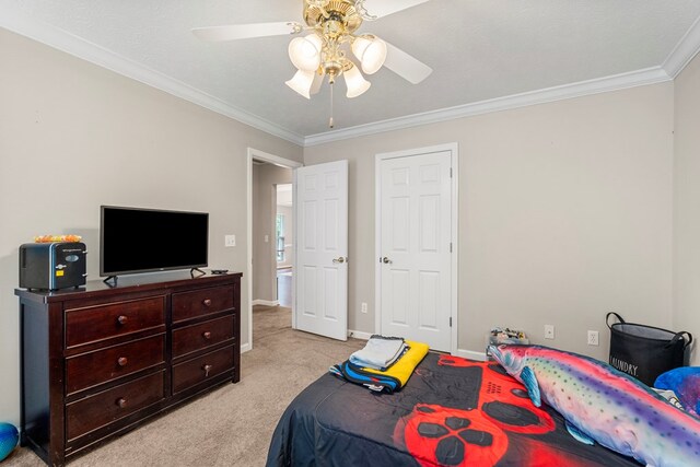 485 Boyd Branch Dr, Upatoi, GA 31829 - bedroom featuring light colored carpet, ornamental molding, baseboards, and a ceiling fan