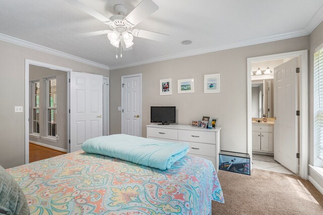 485 Boyd Branch Dr, Upatoi, GA 31829 - bedroom featuring crown molding, multiple windows, light carpet, connected bathroom, and ceiling fan