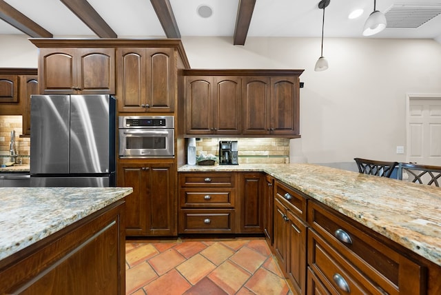6537 Georgian Way, Columbus, GA 31909 - kitchen with appliances with stainless steel finishes, decorative backsplash, beam ceiling, hanging light fixtures, and light stone countertops