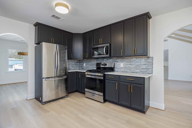 kitchen with light wood finished floors, stainless steel appliances, tasteful backsplash, light countertops, and visible vents