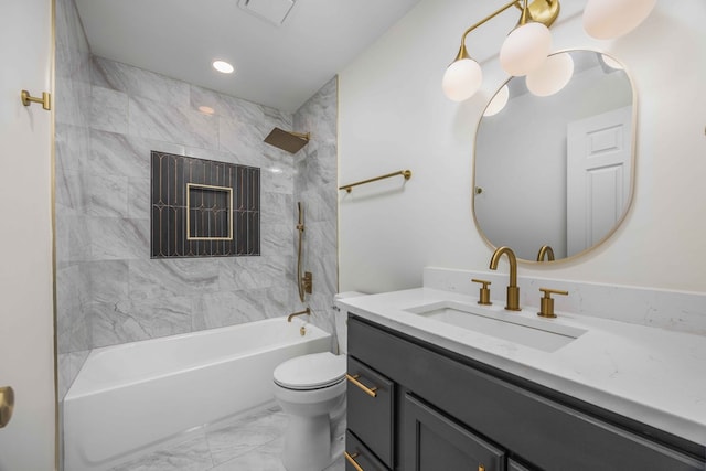 bathroom with toilet, marble finish floor, vanity, shower / washtub combination, and recessed lighting